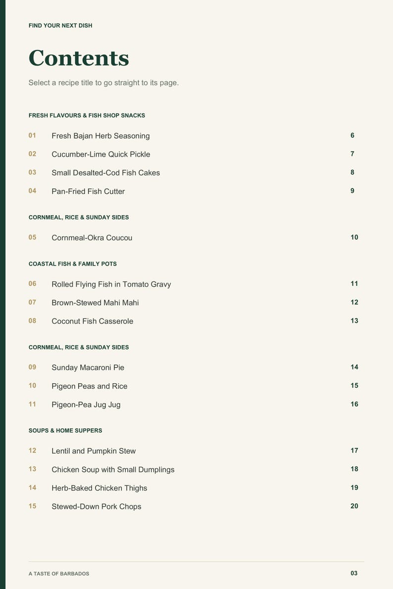 Actual PDF page 3 from A Taste of Barbados: Contents, page 1.