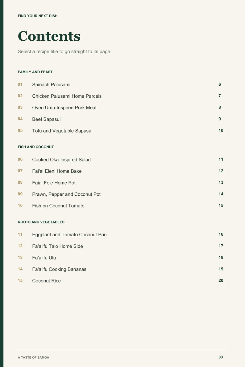 Actual PDF page 3 from A Taste of Samoa: Contents, page 1.