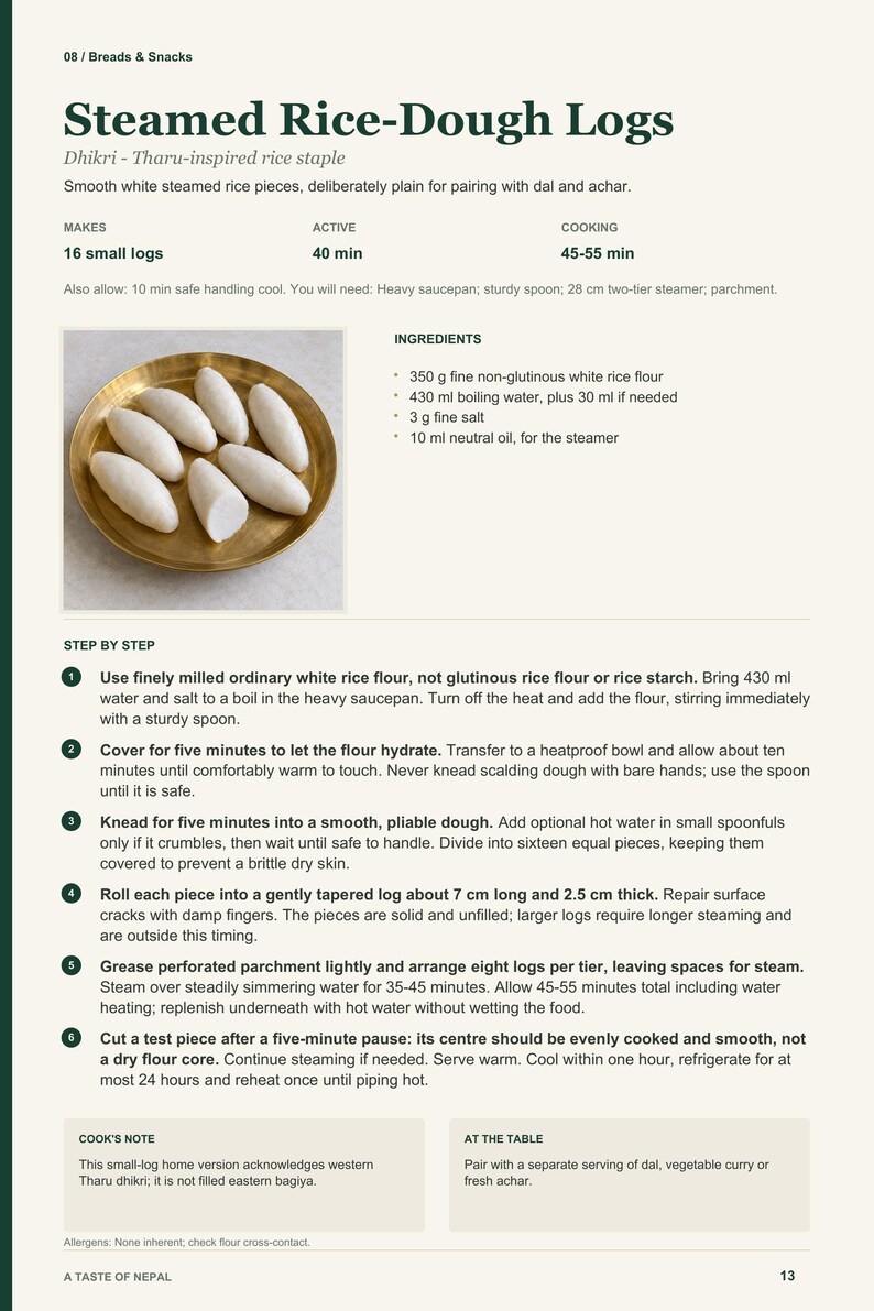 Actual PDF page 13 from A Taste of Nepal: Steamed Rice-Dough Logs recipe page.
