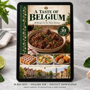 Digital cookbook mockup displaying the actual A Taste of Belgium cover. English PDF download only; no tablet or physical book included.