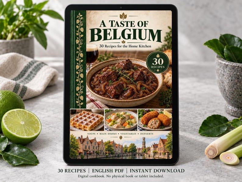 Digital cookbook mockup displaying the actual A Taste of Belgium cover. English PDF download only; no tablet or physical book included.
