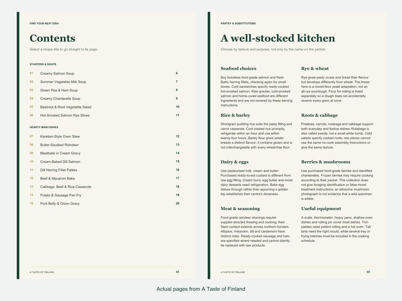 Actual contents and kitchen-notes pages from A Taste of Finland.