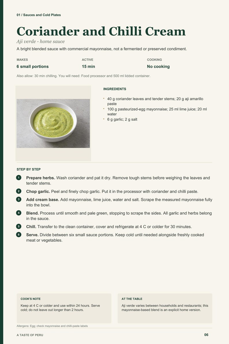 Actual PDF page 6 from A Taste of Peru: Coriander and Chilli Cream recipe page.