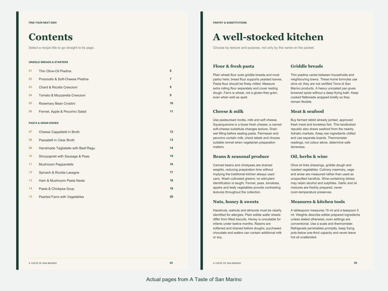 Actual contents and kitchen-notes pages from A Taste of San Marino.