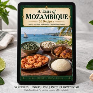 Digital cookbook mockup displaying the actual A Taste of Mozambique cover. English PDF download only; no tablet or physical book included.