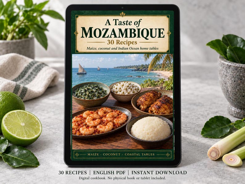 Digital cookbook mockup displaying the actual A Taste of Mozambique cover. English PDF download only; no tablet or physical book included.