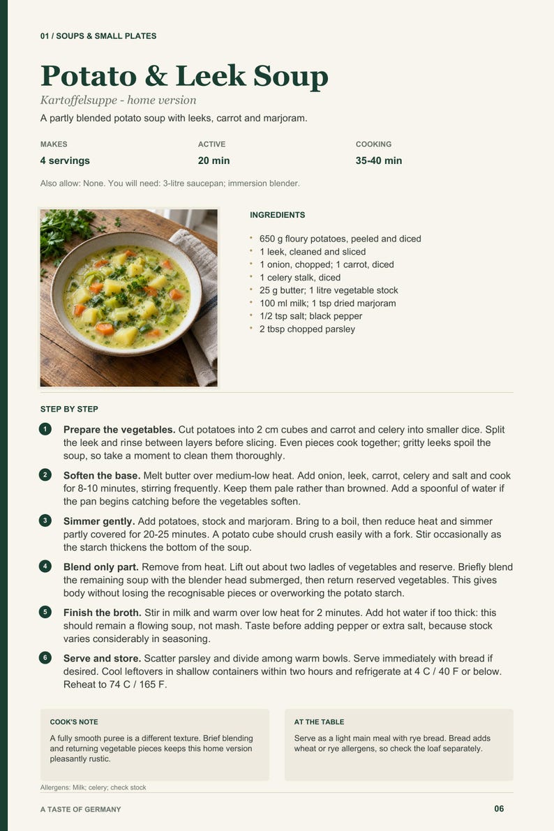 Actual PDF page 6 from A Taste of Germany: Potato & Leek Soup recipe page.