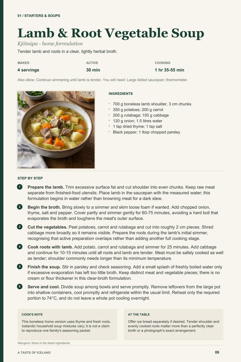 Actual PDF page 6 from A Taste of Iceland: Lamb & Root Vegetable Soup recipe page.