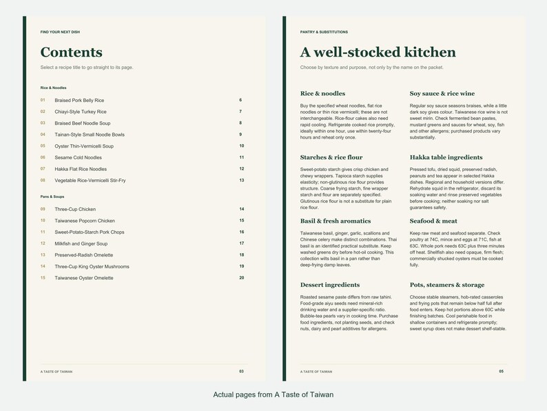 Actual contents and kitchen-notes pages from A Taste of Taiwan.