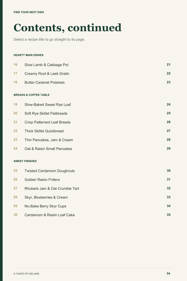 Actual PDF page 4 from A Taste of Iceland: Contents, page 2.