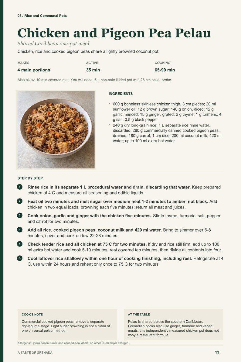 Actual PDF page 13 from A Taste of Grenada: Chicken and Pigeon Pea Pelau recipe page.
