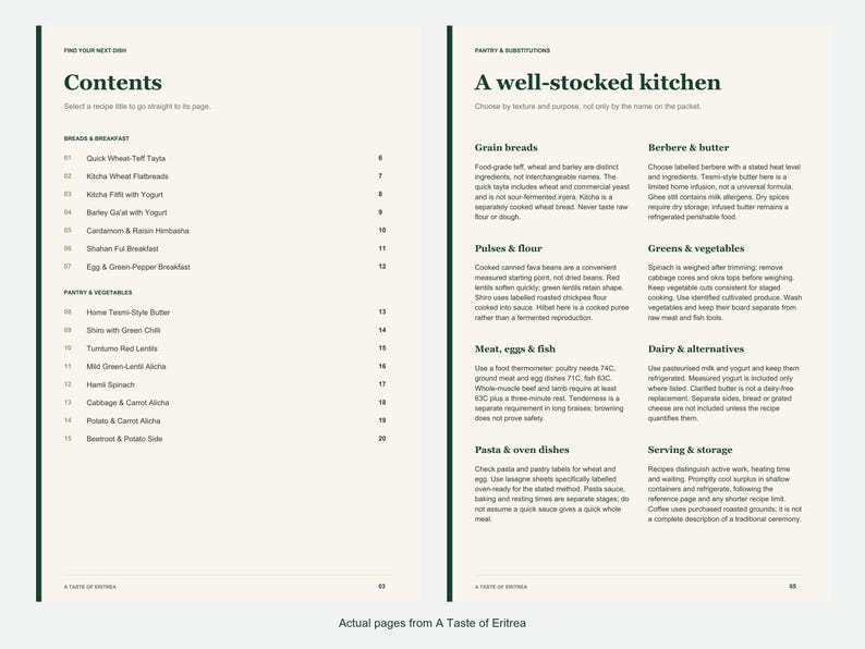 Actual contents and kitchen-notes pages from A Taste of Eritrea.