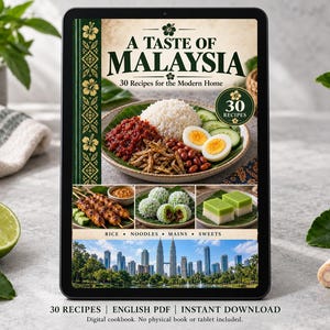 Digital cookbook mockup displaying the actual A Taste of Malaysia cover. English PDF download only; no tablet or physical book included.