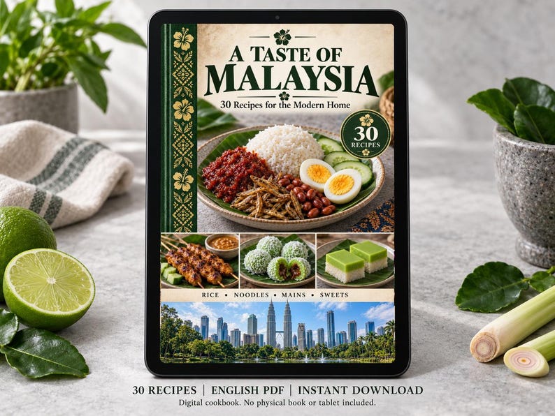 Digital cookbook mockup displaying the actual A Taste of Malaysia cover. English PDF download only; no tablet or physical book included.