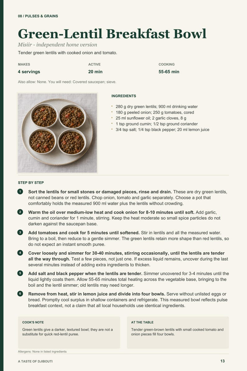 Actual PDF page 13 from A Taste of Djibouti: Green-Lentil Breakfast Bowl recipe page.
