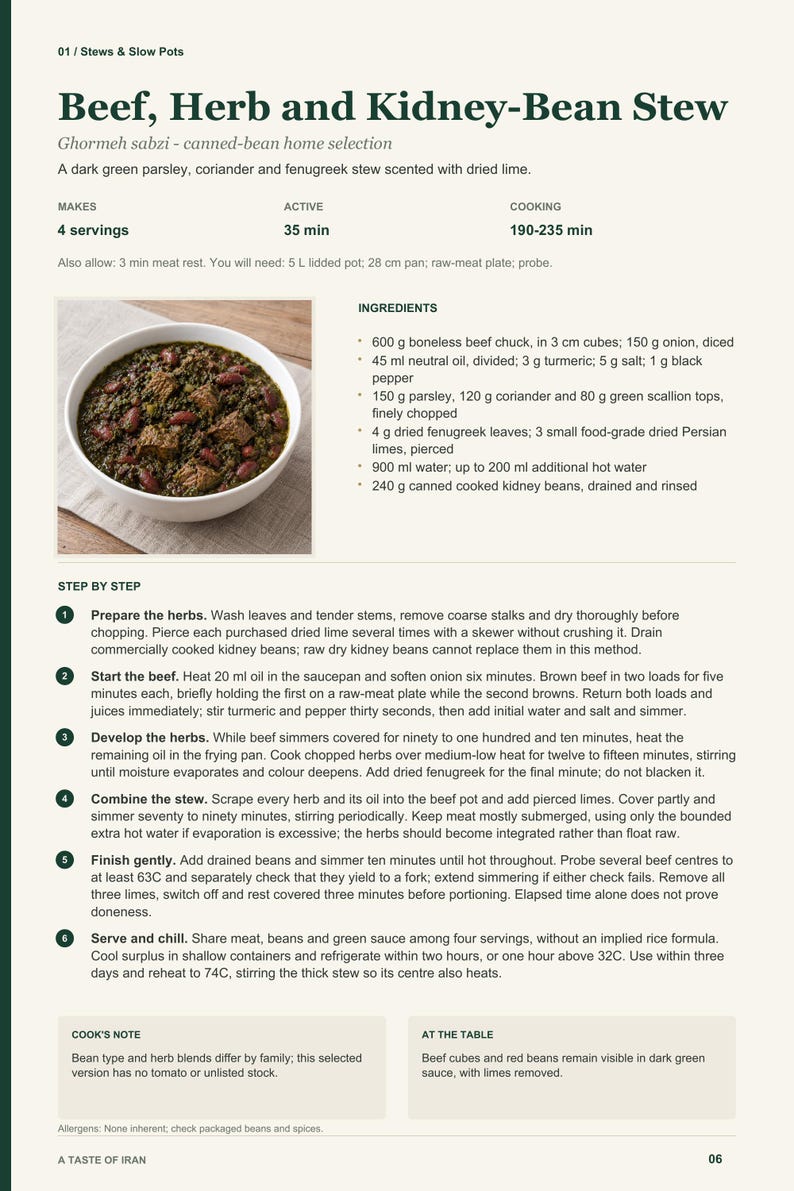 Actual PDF page 6 from A Taste of Iran: Beef, Herb and Kidney-Bean Stew recipe page.