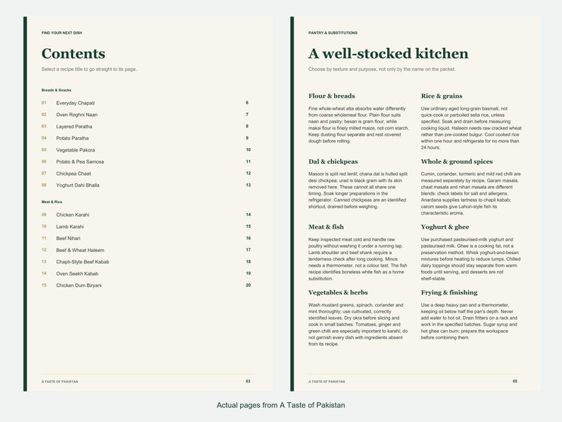 Actual contents and kitchen-notes pages from A Taste of Pakistan.