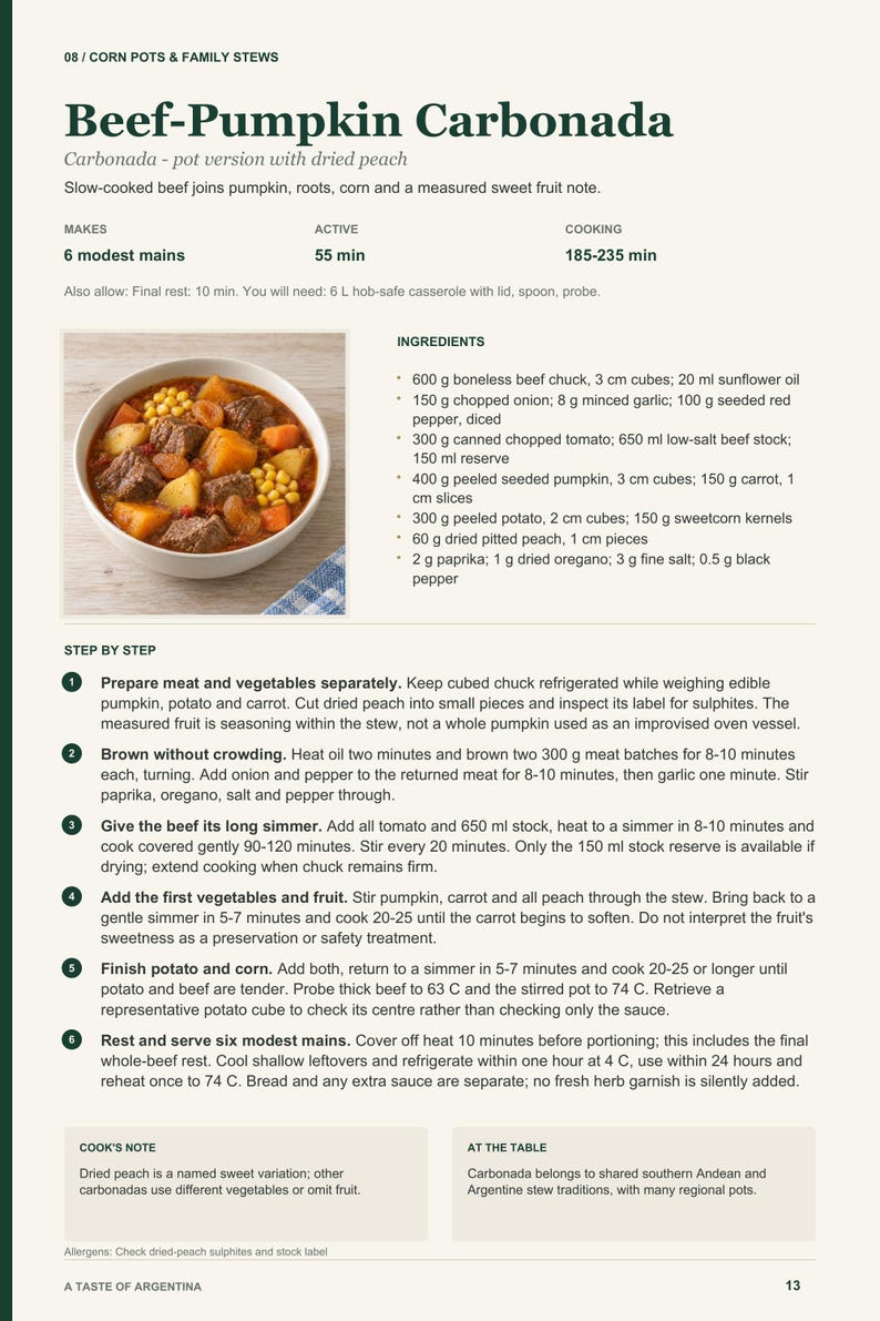Actual PDF page 13 from A Taste of Argentina: Beef-Pumpkin Carbonada recipe page.
