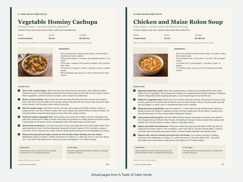 Two actual recipe pages from A Taste of Cabo Verde.
