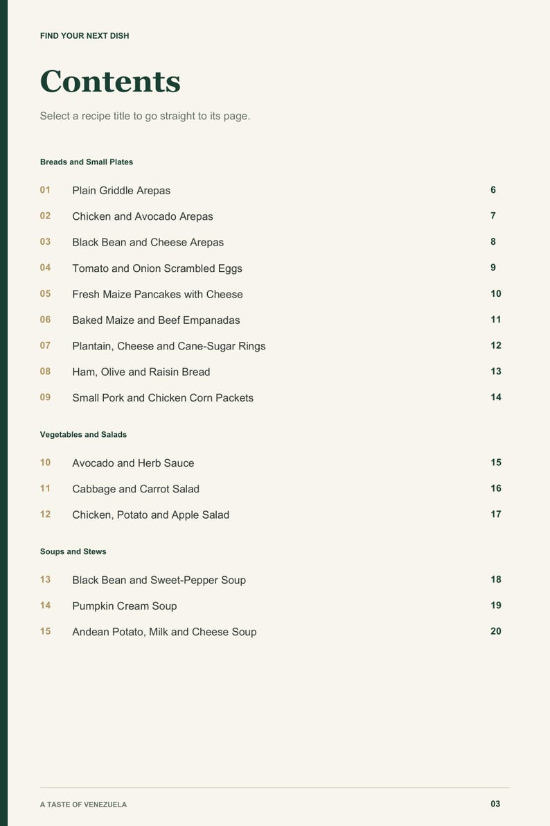 Actual PDF page 3 from A Taste of Venezuela: Contents, page 1.