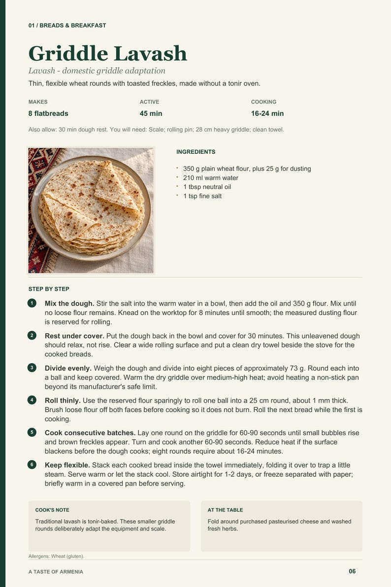 Actual PDF page 6 from A Taste of Armenia: Griddle Lavash recipe page.