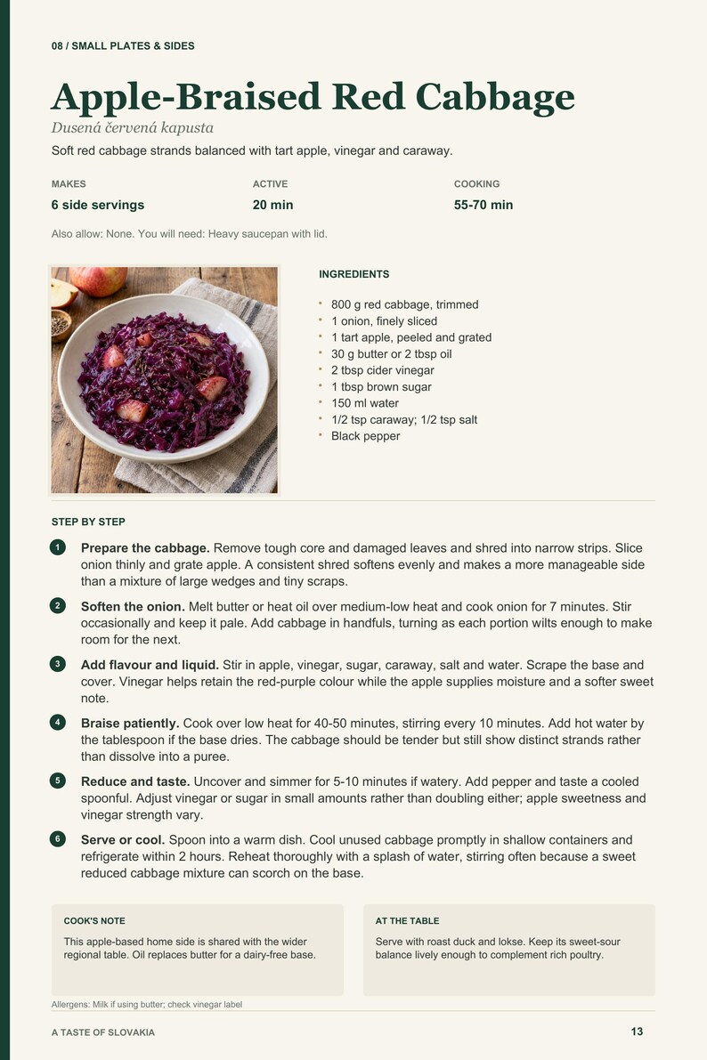 Actual PDF page 13 from A Taste of Slovakia: Apple-Braised Red Cabbage recipe page.