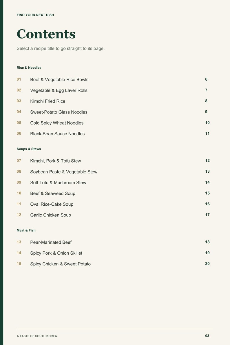 Actual PDF page 3 from A Taste of South Korea: Contents, page 1.
