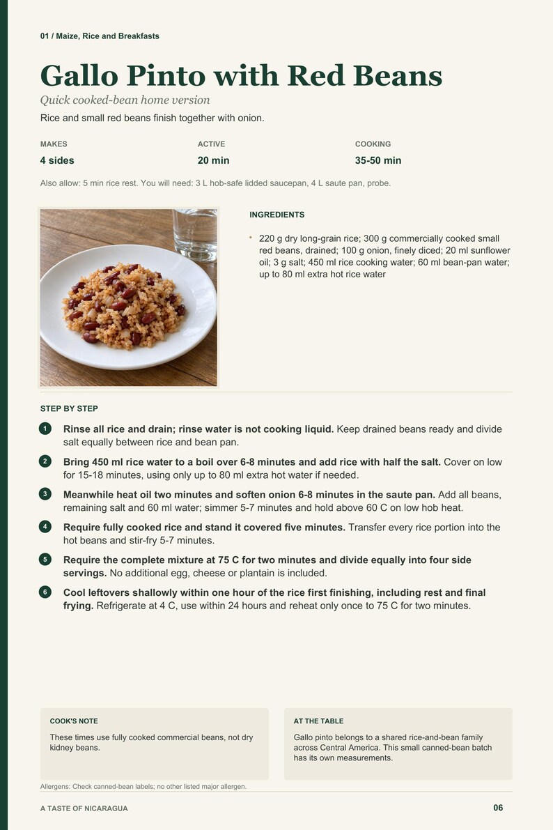 Actual PDF page 6 from A Taste of Nicaragua: Gallo Pinto with Red Beans recipe page.