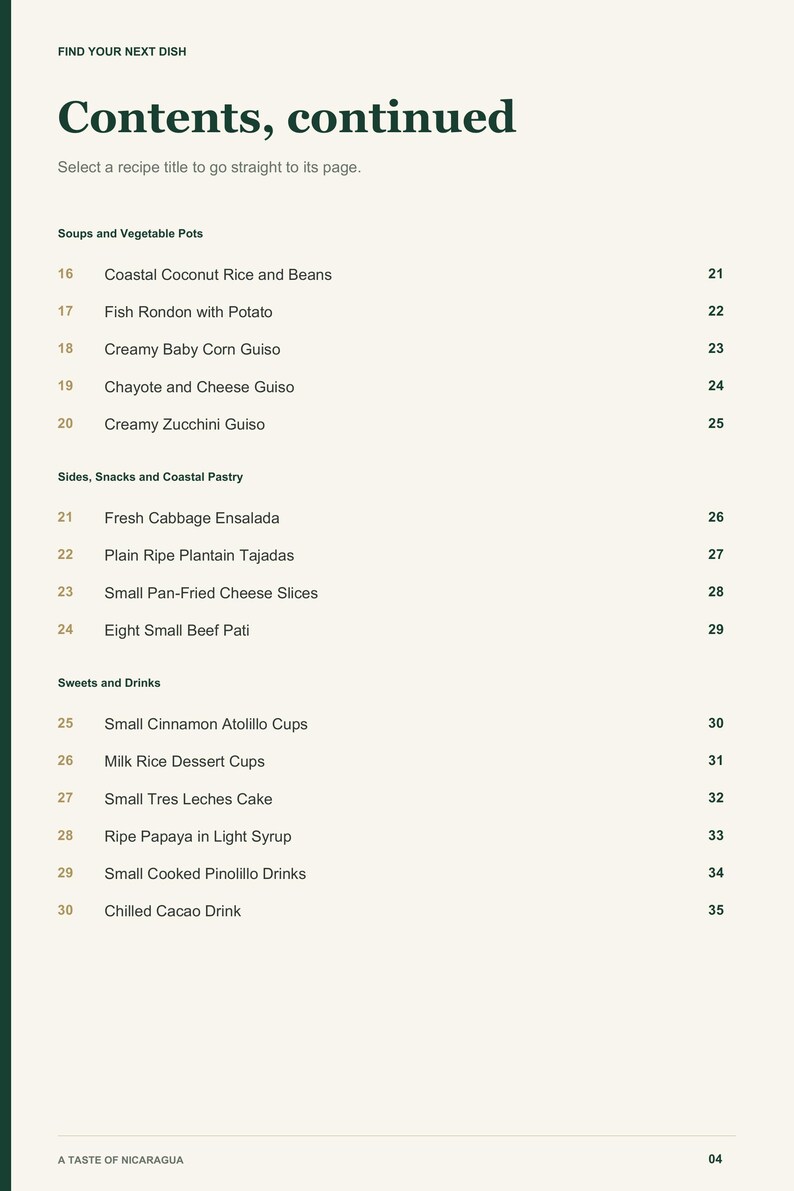 Actual PDF page 4 from A Taste of Nicaragua: Contents, page 2.