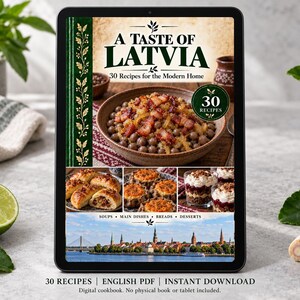 Digital cookbook mockup displaying the actual A Taste of Latvia cover. English PDF download only; no tablet or physical book included.