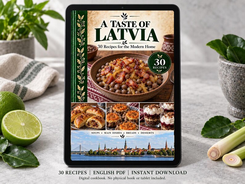 Digital cookbook mockup displaying the actual A Taste of Latvia cover. English PDF download only; no tablet or physical book included.