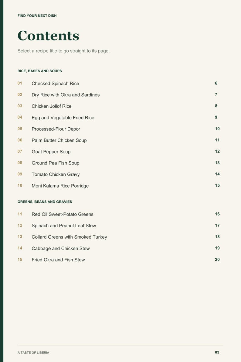 Actual PDF page 3 from A Taste of Liberia: Contents, page 1.