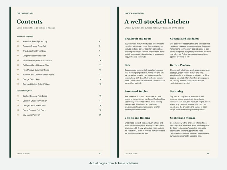 Actual contents and kitchen-notes pages from A Taste of Nauru.
