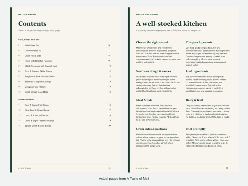 Actual contents and kitchen-notes pages from A Taste of Mali.