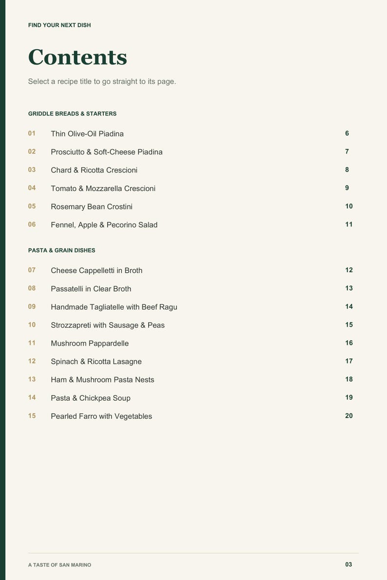 Actual PDF page 3 from A Taste of San Marino: Contents, page 1.