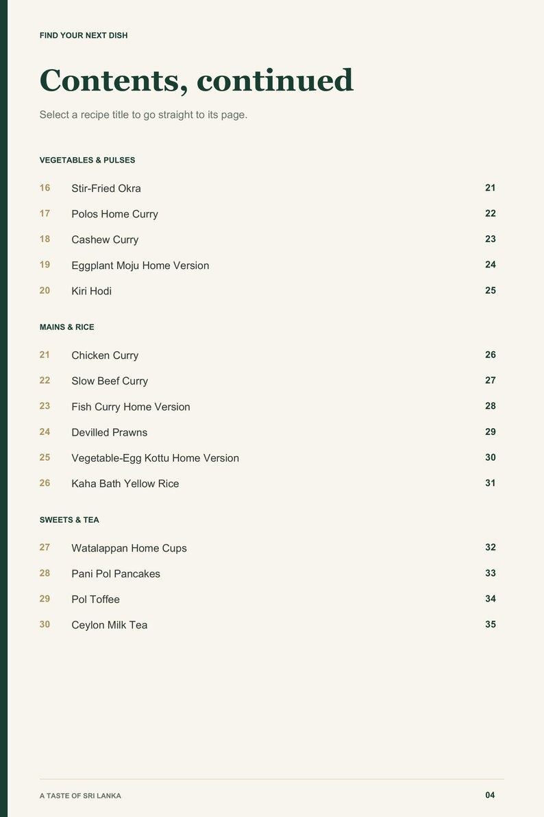 Actual PDF page 4 from A Taste of Sri Lanka: Contents, page 2.