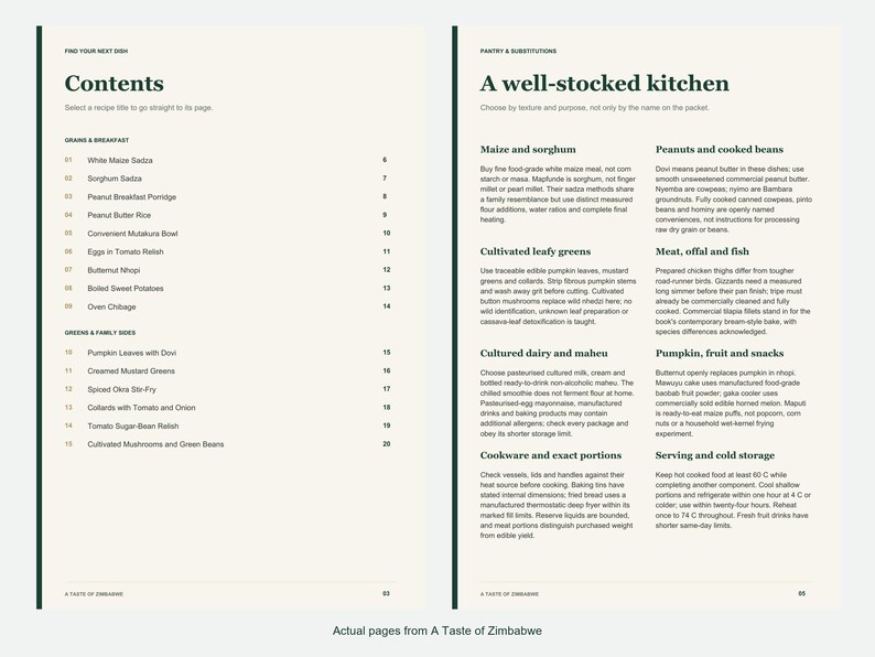 Actual contents and kitchen-notes pages from A Taste of Zimbabwe.