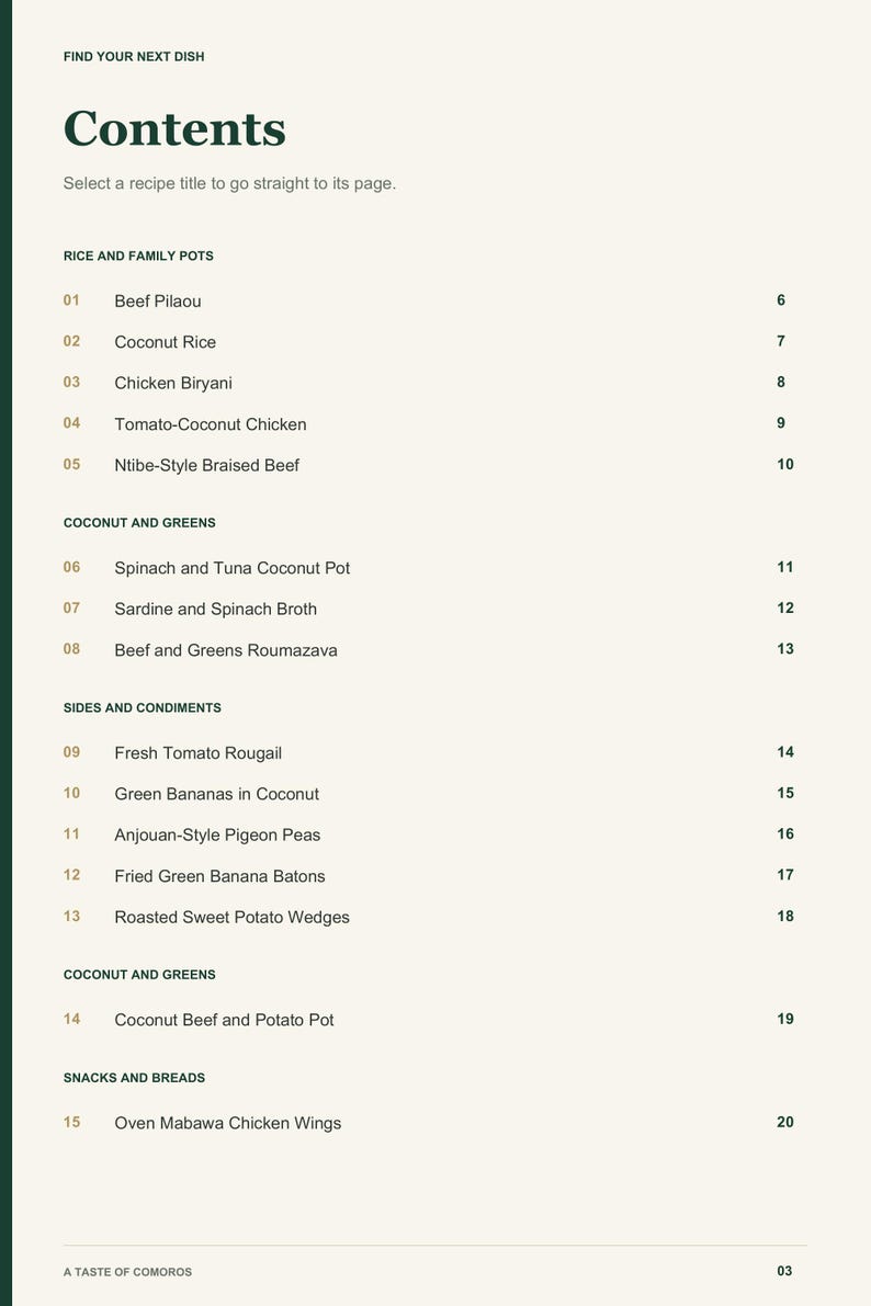 Actual PDF page 3 from A Taste of Comoros: Contents, page 1.