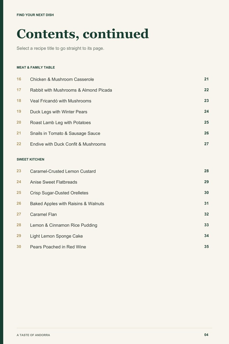 Actual PDF page 4 from A Taste of Andorra: Contents, page 2.