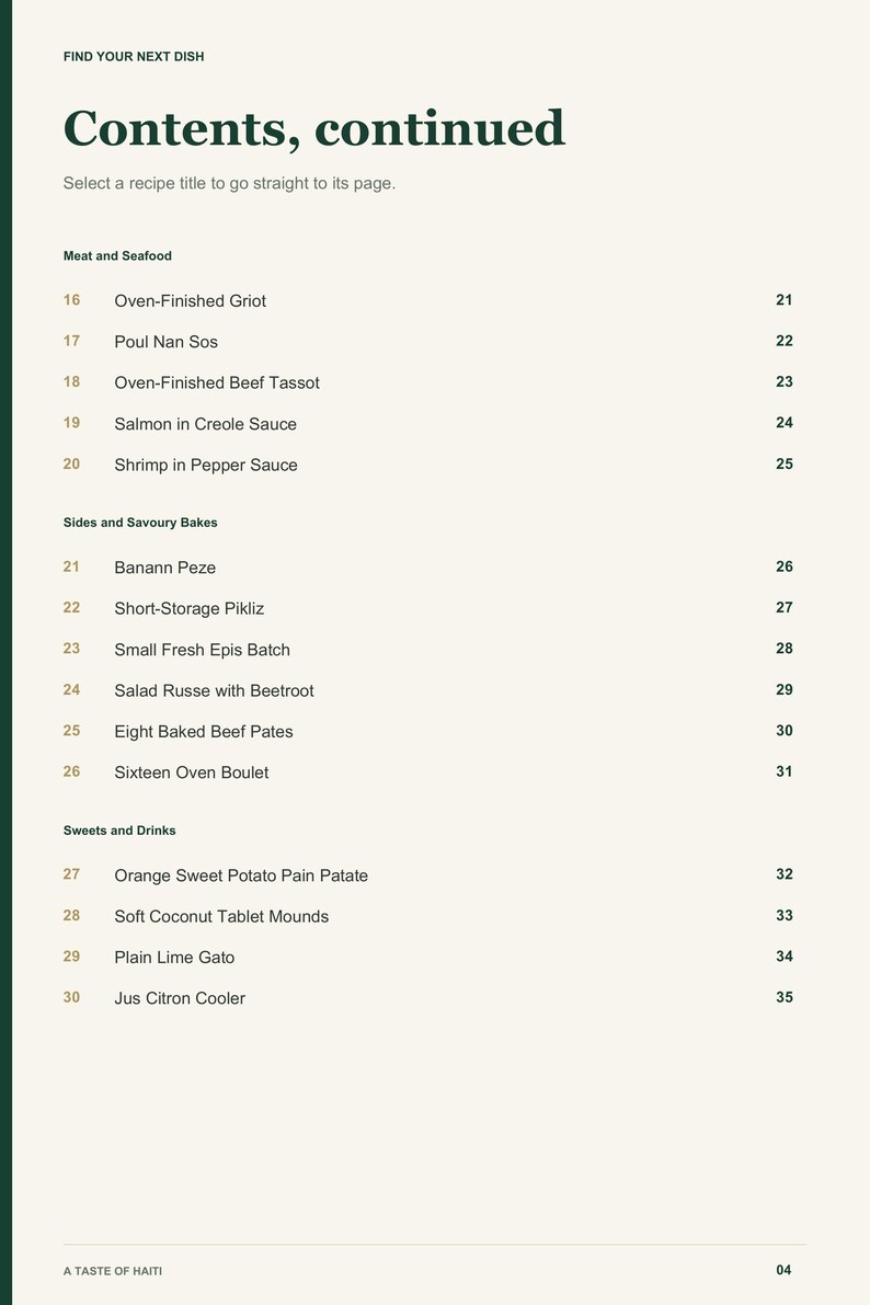 Actual PDF page 4 from A Taste of Haiti: Contents, page 2.
