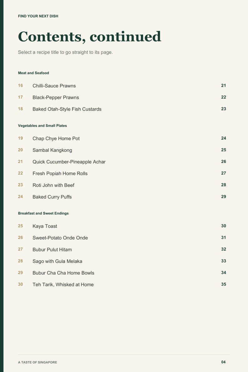 Actual PDF page 4 from A Taste of Singapore: Contents, page 2.