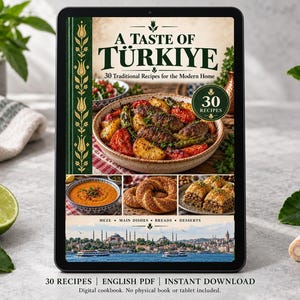 Digital cookbook mockup displaying the actual A Taste of Turkiye cover. English PDF download only; no tablet or physical book included.