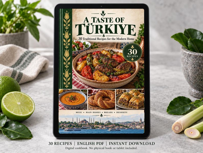 Digital cookbook mockup displaying the actual A Taste of Turkiye cover. English PDF download only; no tablet or physical book included.