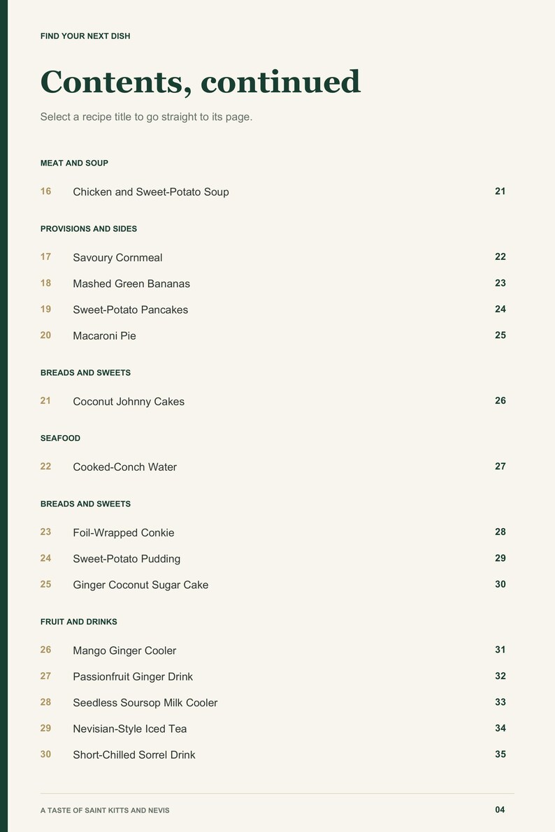 Actual PDF page 4 from A Taste of Saint Kitts and Nevis: Contents, page 2.