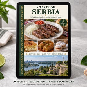 Digital cookbook mockup displaying the actual A Taste of Serbia cover. English PDF download only; no tablet or physical book included.