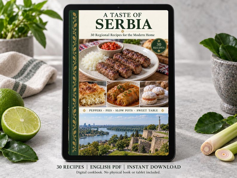 Digital cookbook mockup displaying the actual A Taste of Serbia cover. English PDF download only; no tablet or physical book included.