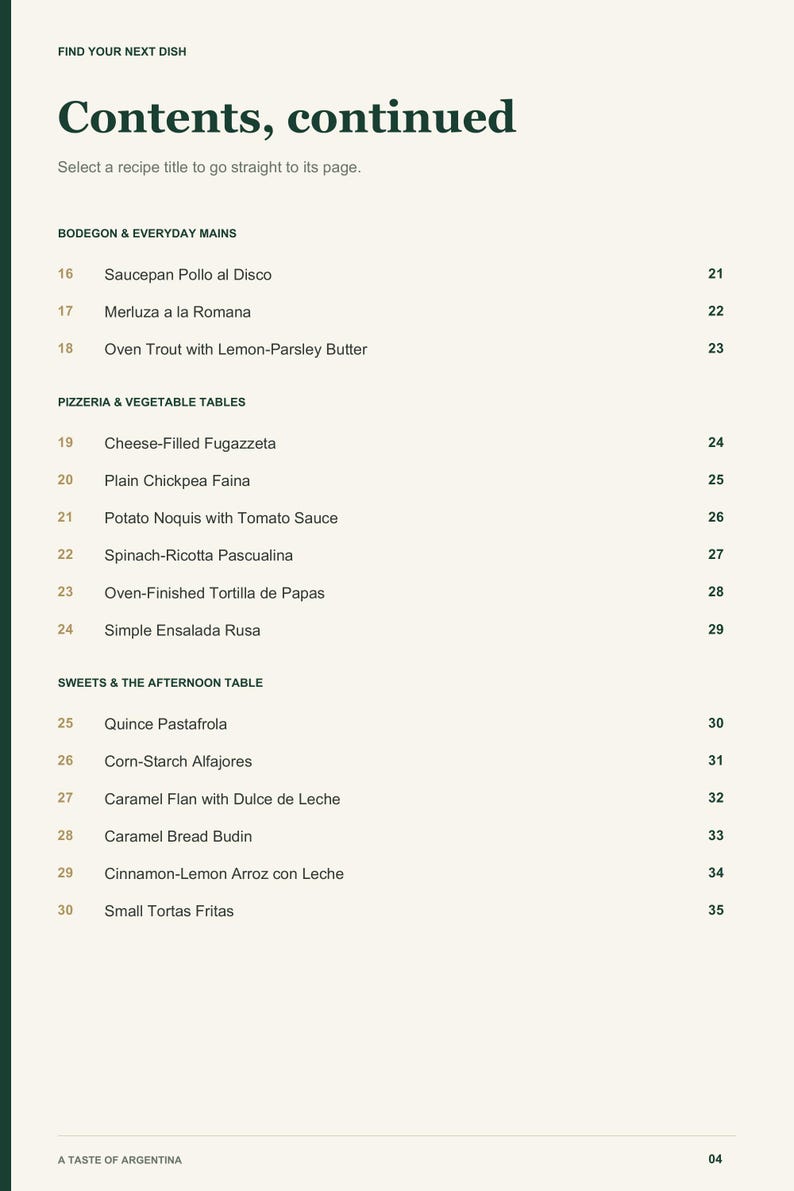 Actual PDF page 4 from A Taste of Argentina: Contents, page 2.