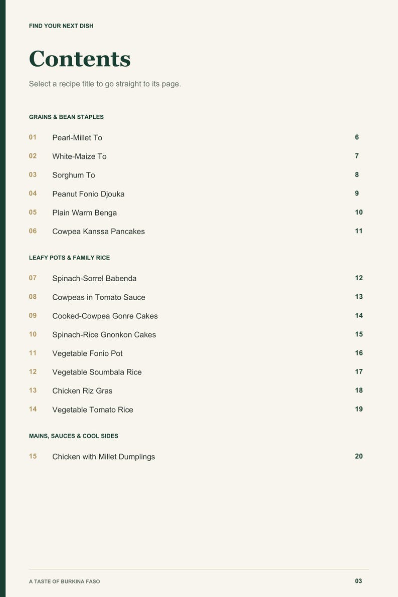 Actual PDF page 3 from A Taste of Burkina Faso: Contents, page 1.