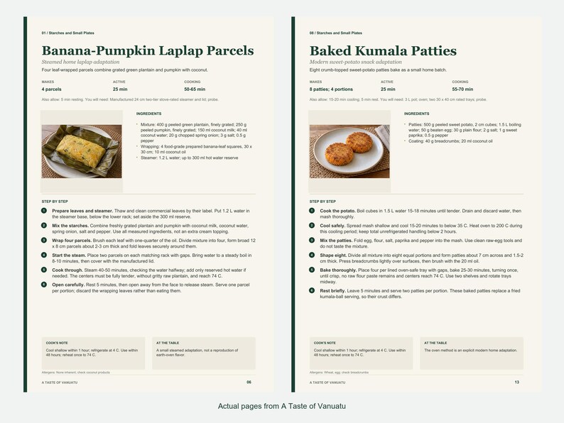 Two actual recipe pages from A Taste of Vanuatu.