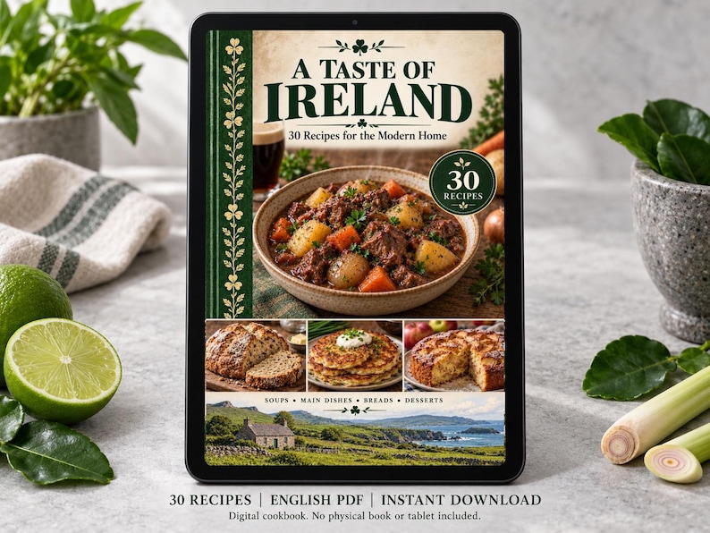 Digital cookbook mockup displaying the actual A Taste of Ireland cover. English PDF download only; no tablet or physical book included.